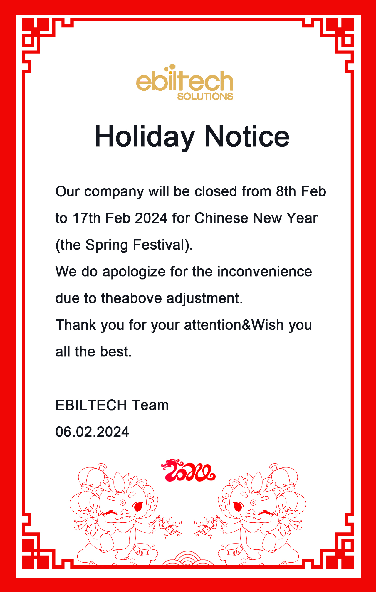 Holiday Notice for Chinese New Year